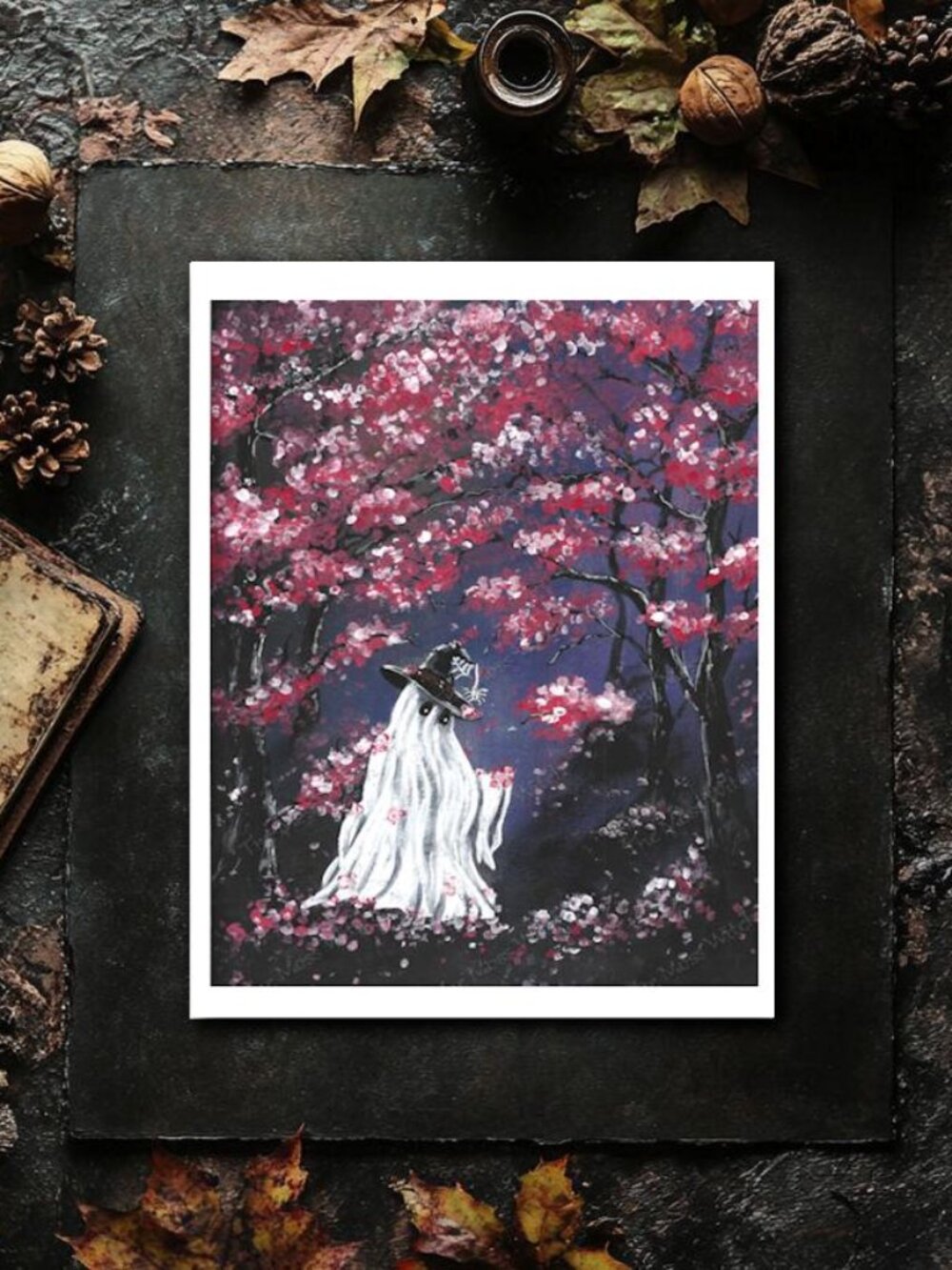 8x10 Fine Art Print, Witch Ghost Under Cherry Blossom Trees Haunted Painting, Sp - Picture 1 of 8